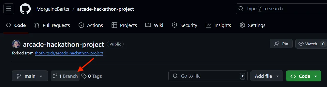 Image showing GitHub webpage of arcade-hackathon-project repo and branch button