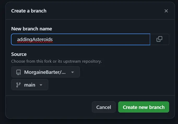 Image showing create new branch pop-up